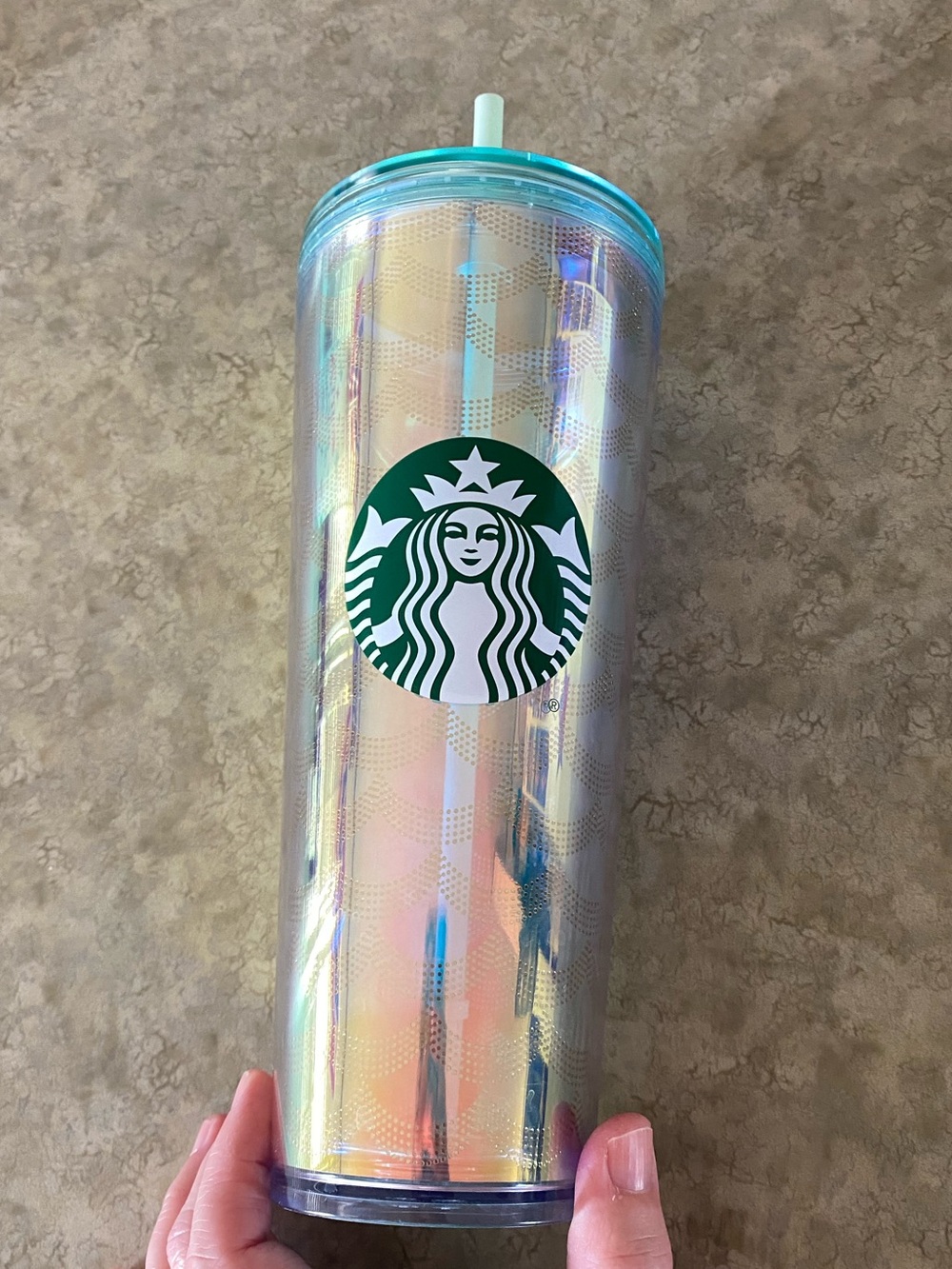 Starbucks Iridescent Holographic Tumbler with Teal Lid and Green Logo